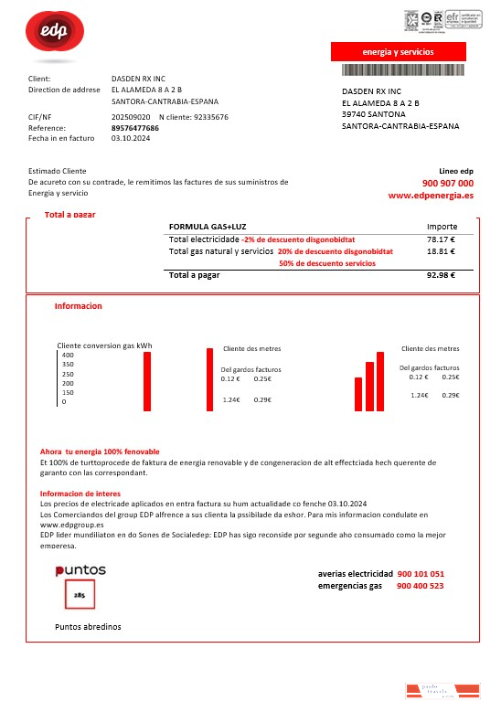 Spain EDP Energia business utility bill template in Word and PDF formats